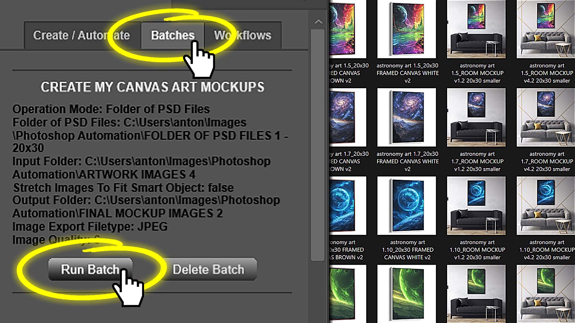Mockup image creation being automated in Photoshop by the Batch-Replace Smart Objects plugin.