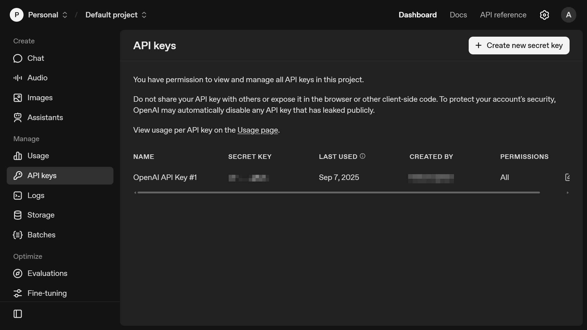 Screenshot of OpenAI's Account website section, where API Keys can be created.