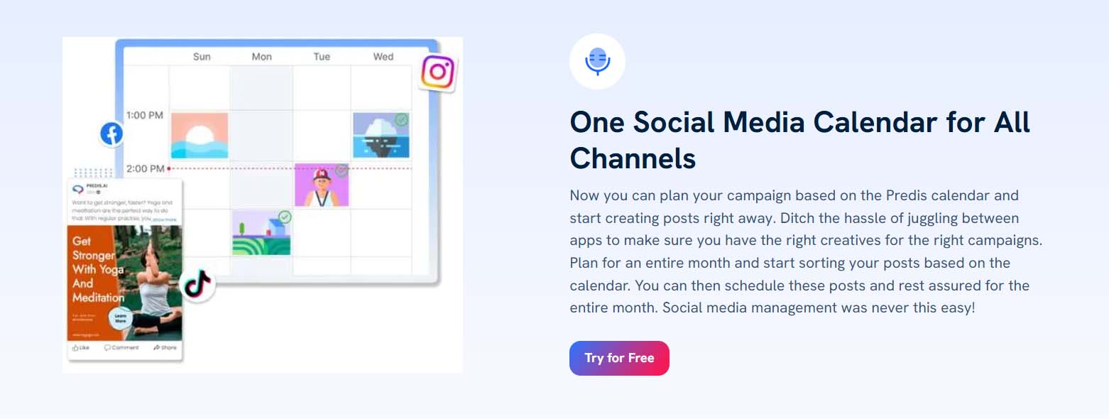 Predis.ai website screenshot: Automatic social media posting via calendar scheduling tool.