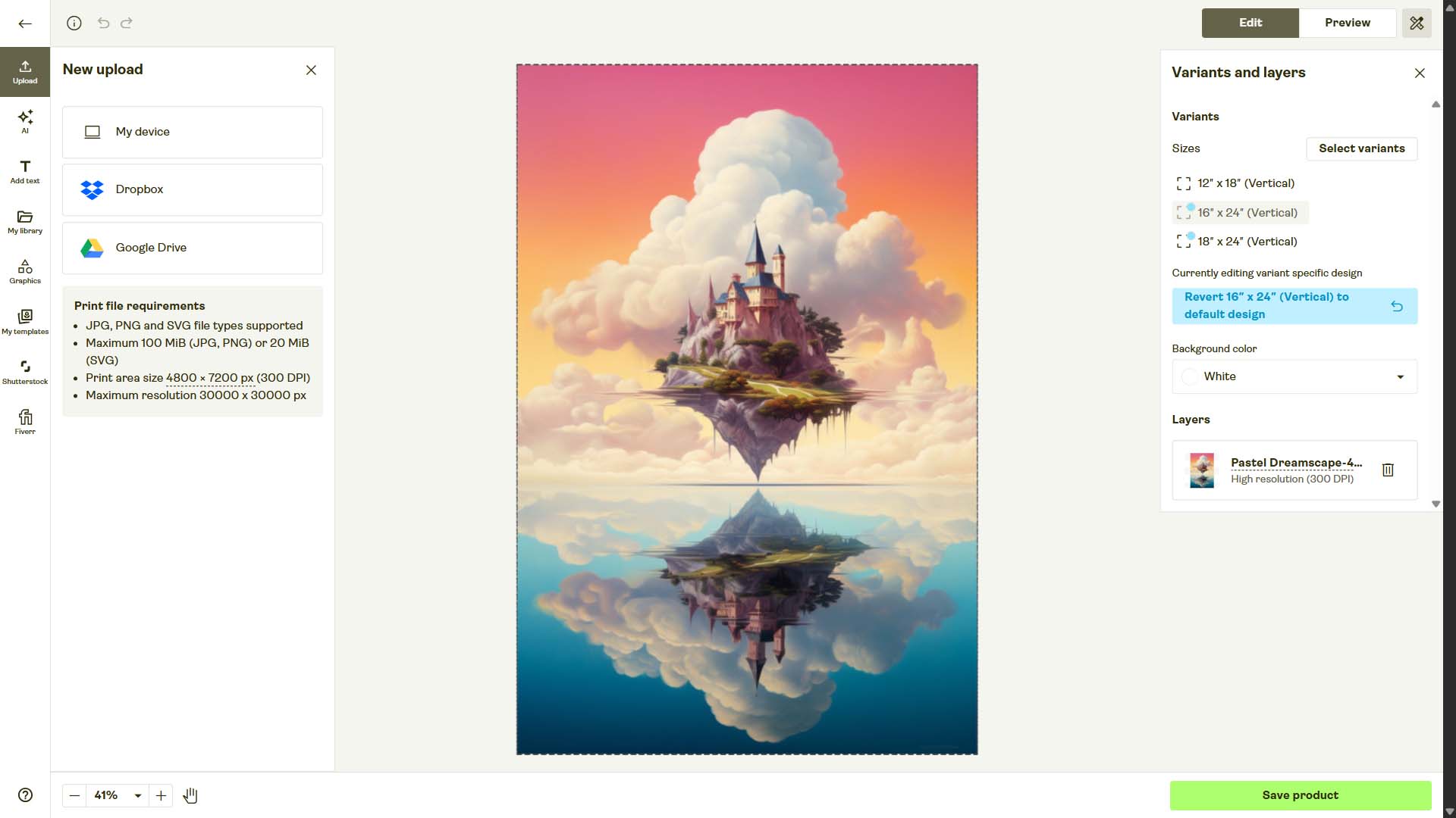 A print-on-demand product being manually created inside of the Printify interface.