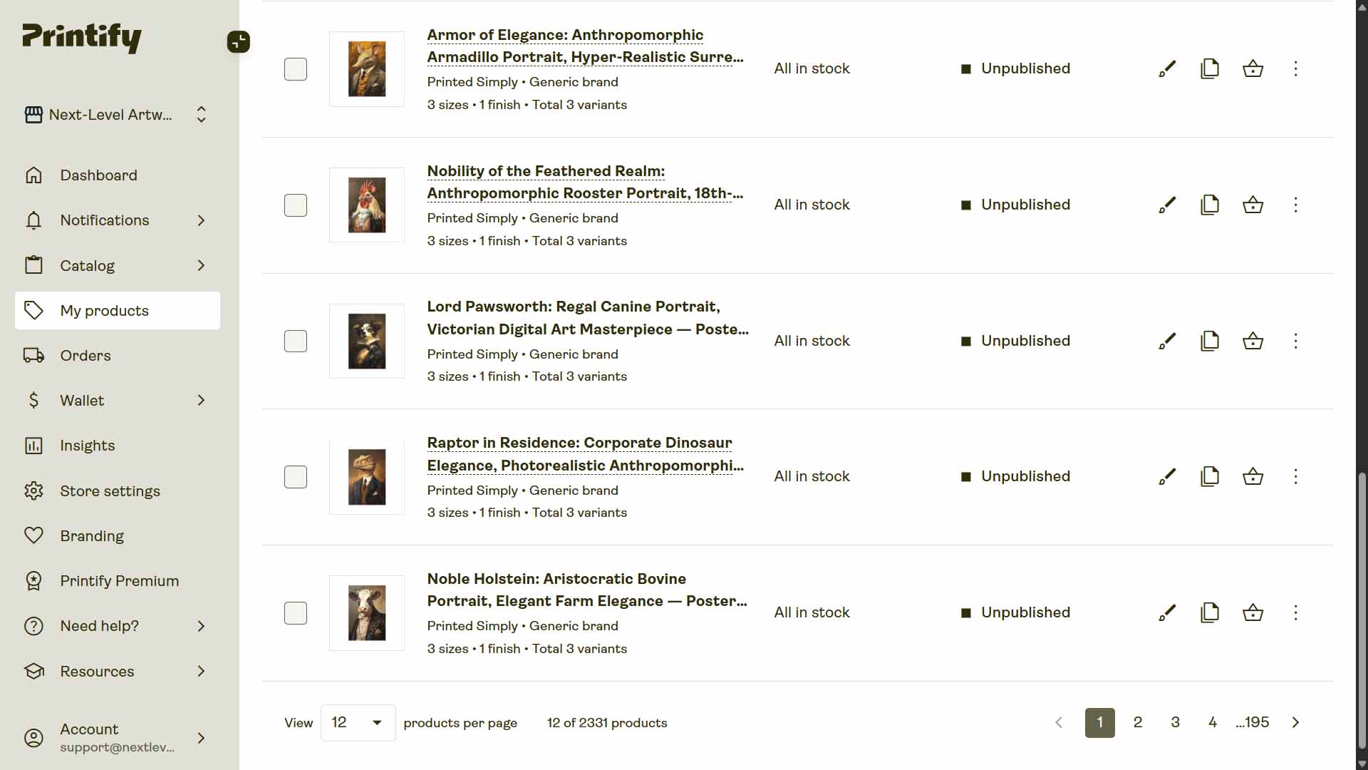 Example of a POD platform products dashboard showing numerous listings.