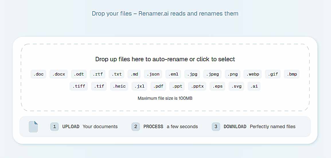 Renamer.ai website screenshot: Use AI image recognition to automatically bulk-rename image files for SEO optimization.