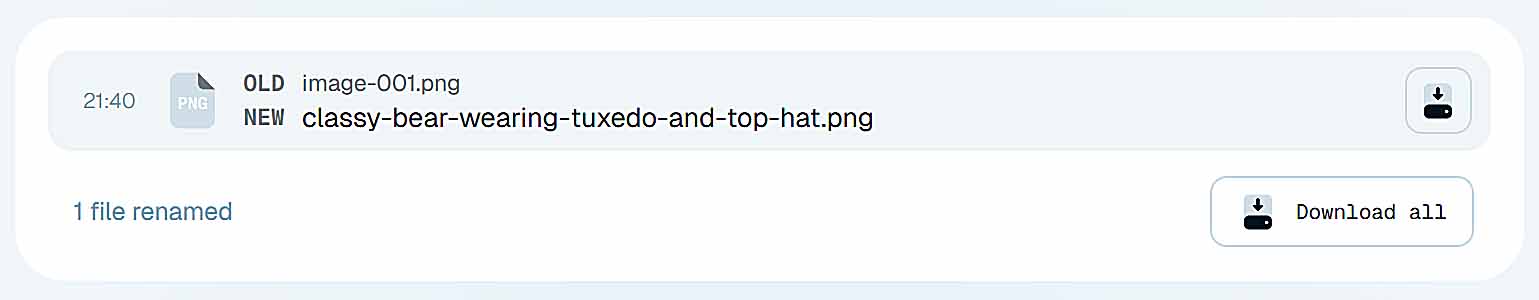 Renamer.ai website screenshot: Use AI image recognition to automatically bulk-rename image files for SEO optimization.