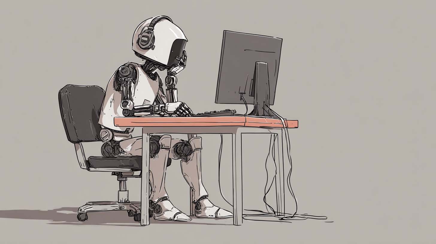 Robot working at a computer, humorous image symbolizing automation.