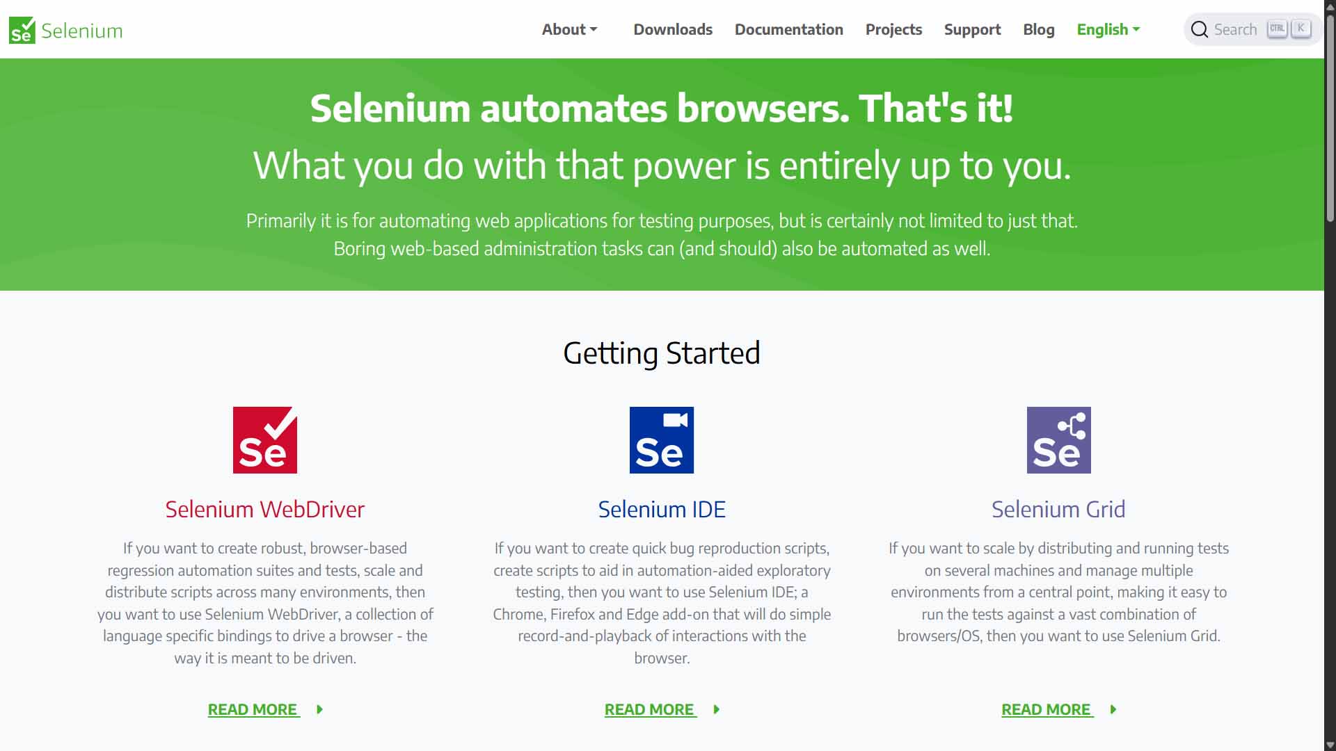 Screenshot of the Selenium website.
