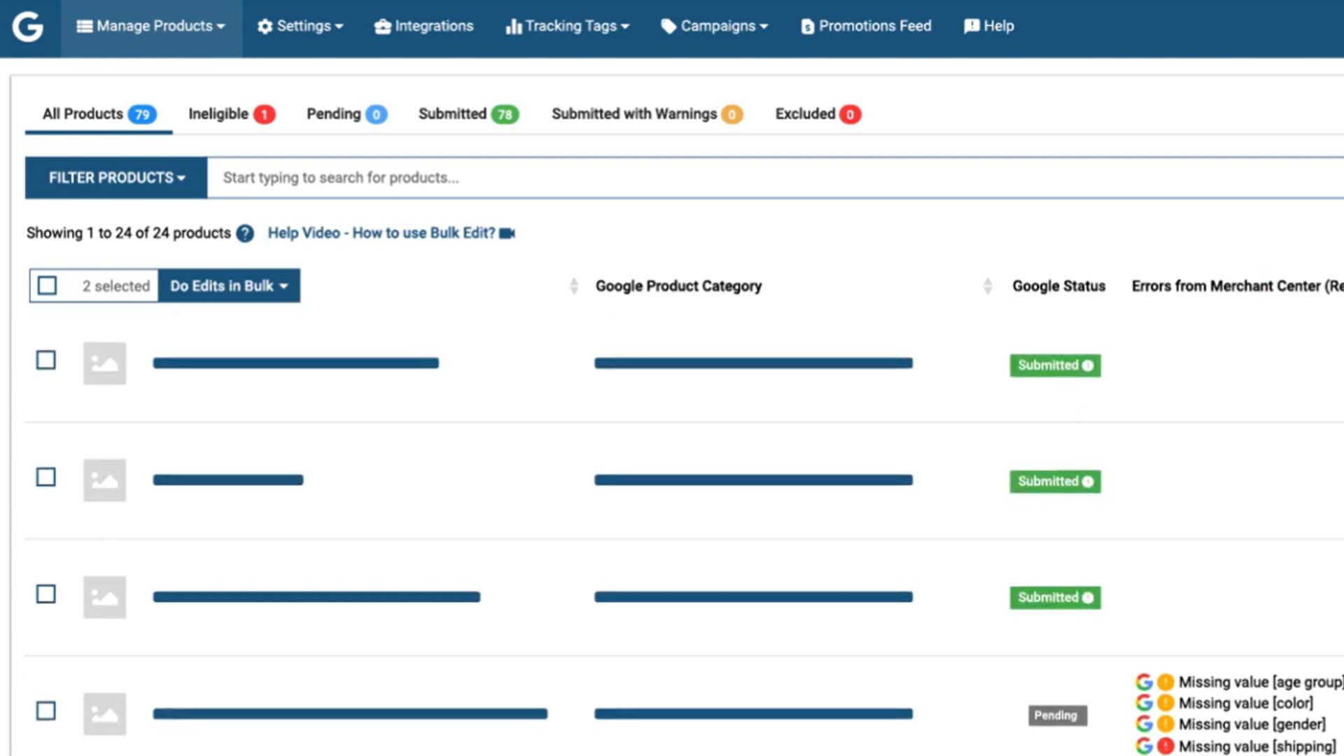 Simprosys App for Shopify being used to auto-convert products into Google Shopping Feed listings.