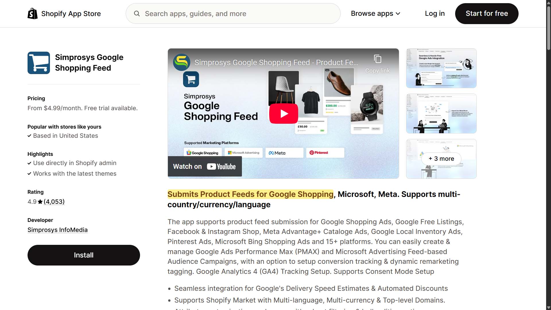 Simprosys Shopify app screenshot: Automatically convert all Shopify POD products into Google Shopping Feed listings.