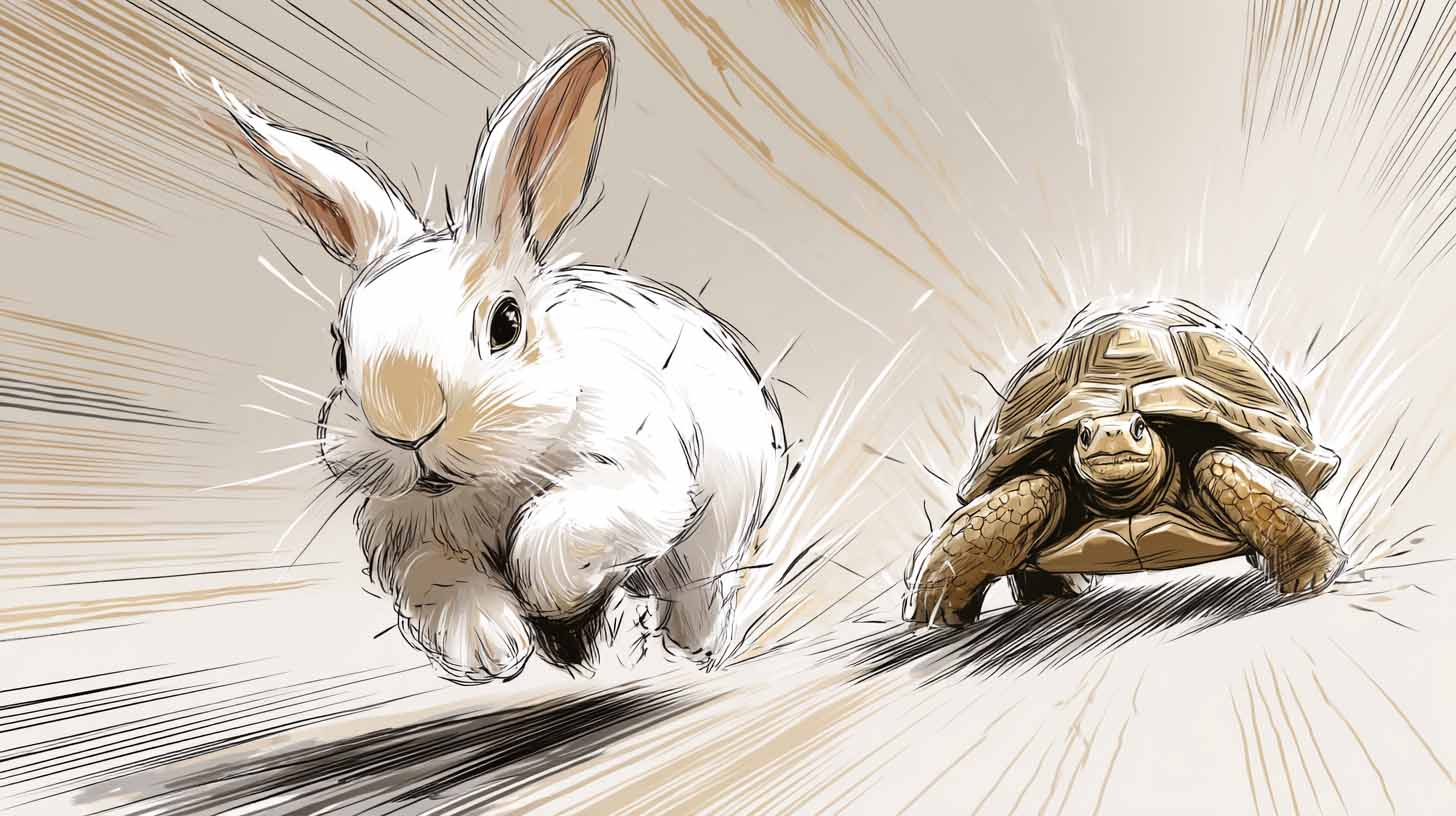 Slow, manual POD product creation vs. fast automated process: Tortoise vs. hare concept image.