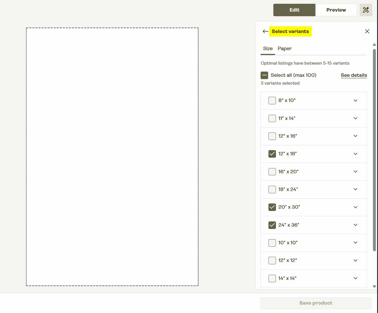Screenshot showing selection of product variants in a POD platform interface.