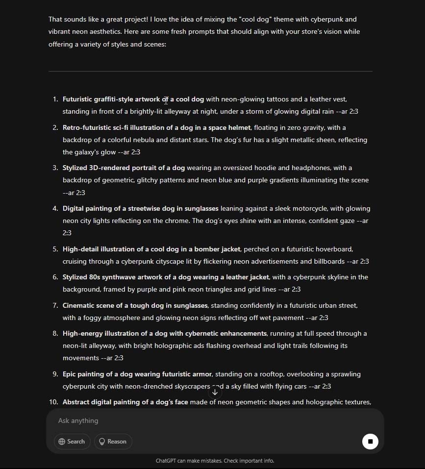 Using ChatGPT to create Midjourney image-generation prompts, screenshot image.