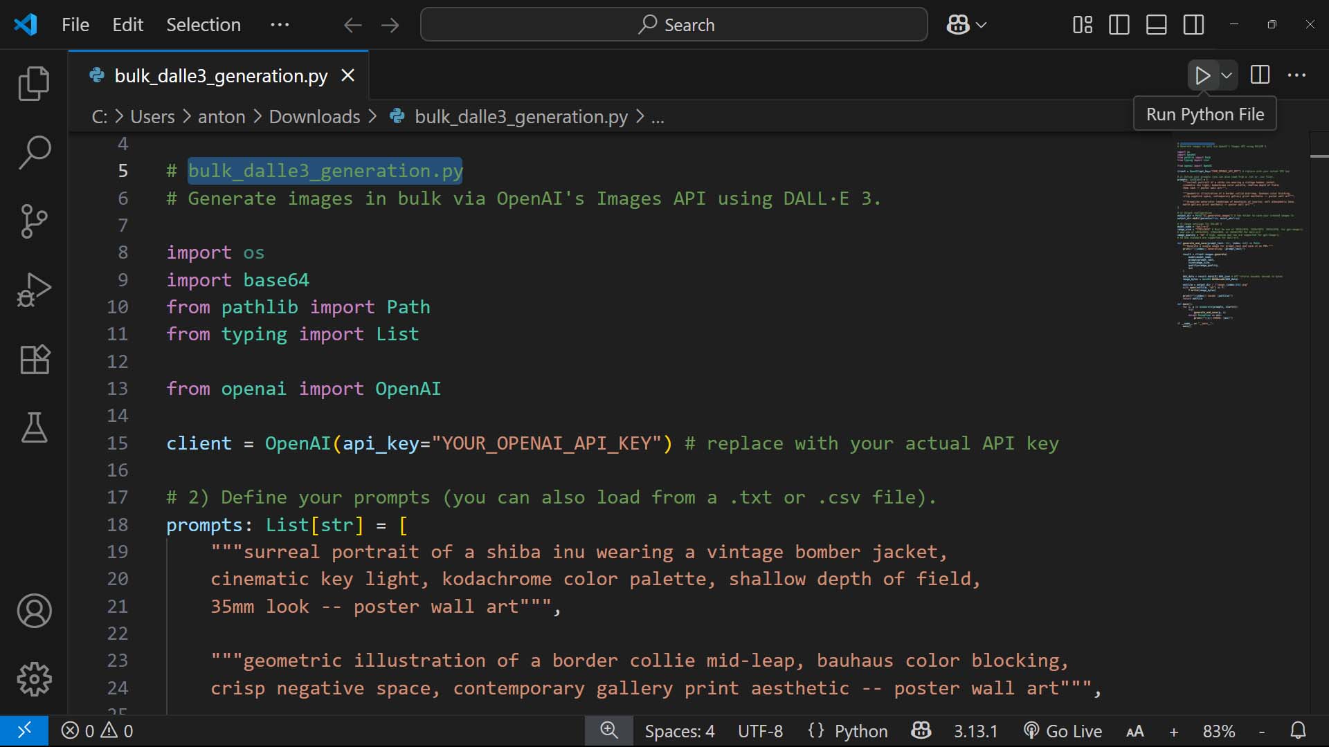 Python script to bulk-generate AI artwork images via the OpenAI API.