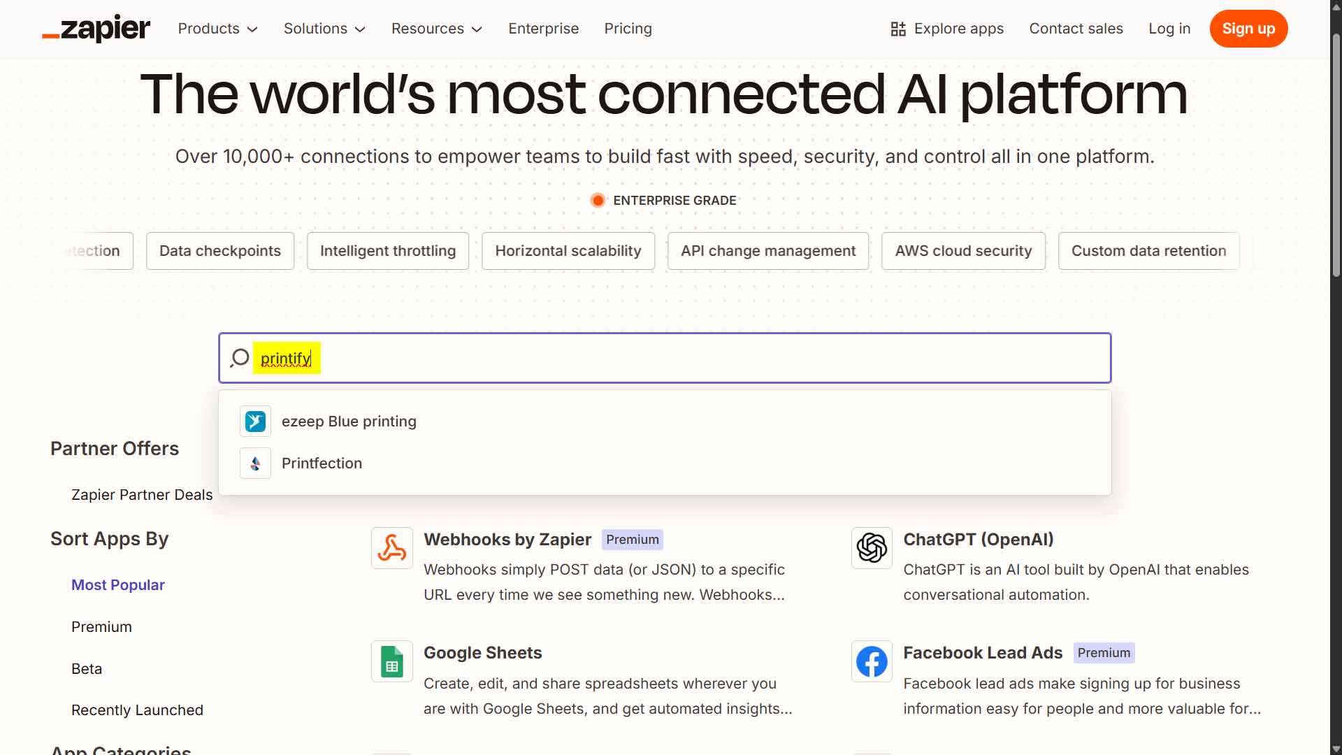 Zapier search for Printify, showing no relevant results.